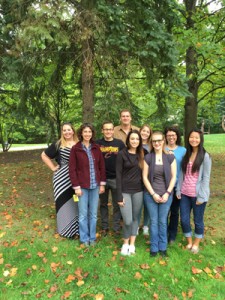 Lab Photo, September, 2016 From left to right: Megan Rich, Colleen Novak, Jesse Kowalski, Mary Yoder (back), Ashley Shemery (front), Erin Gorrell (back), Ashley Davis (front), Lydia Heemstra (back), and Sarah Mull (front)